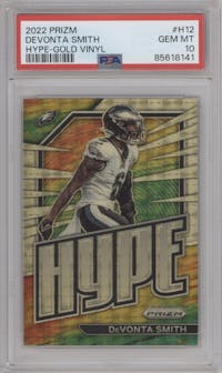 DeVonta Smith from the 2022 Panini Prizm set featuring a Gold Vinyl parallel graded by PSA and given an overall grade of 10.