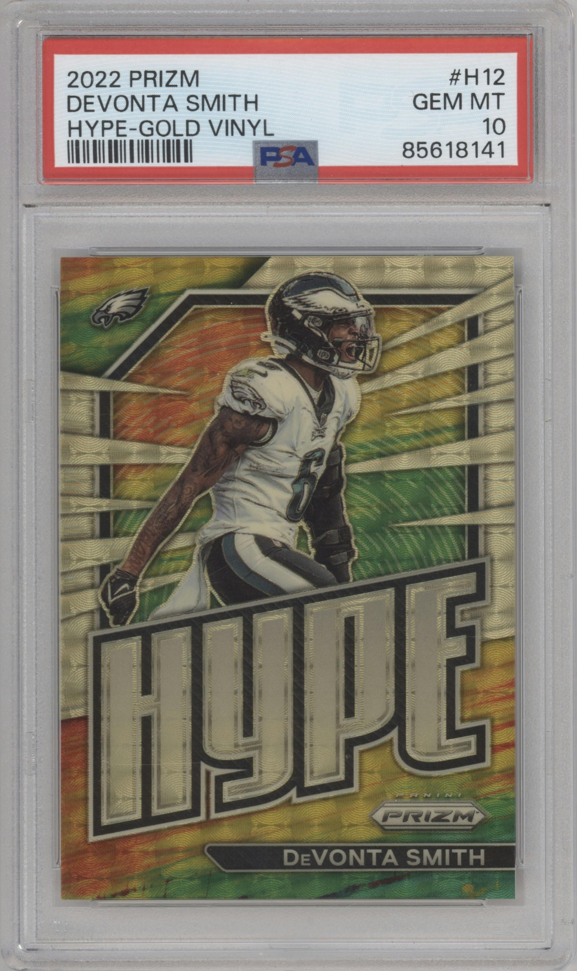 DeVonta Smith from the 2022 Panini Prizm set featuring a Gold Vinyl parallel graded by PSA and given an overall grade of 10.