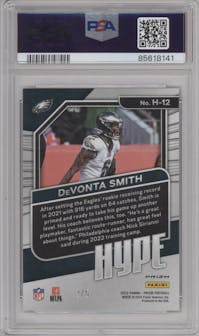 DeVonta Smith from the 2022 Panini Prizm set featuring a Gold Vinyl parallel graded by PSA and given an overall grade of 10.