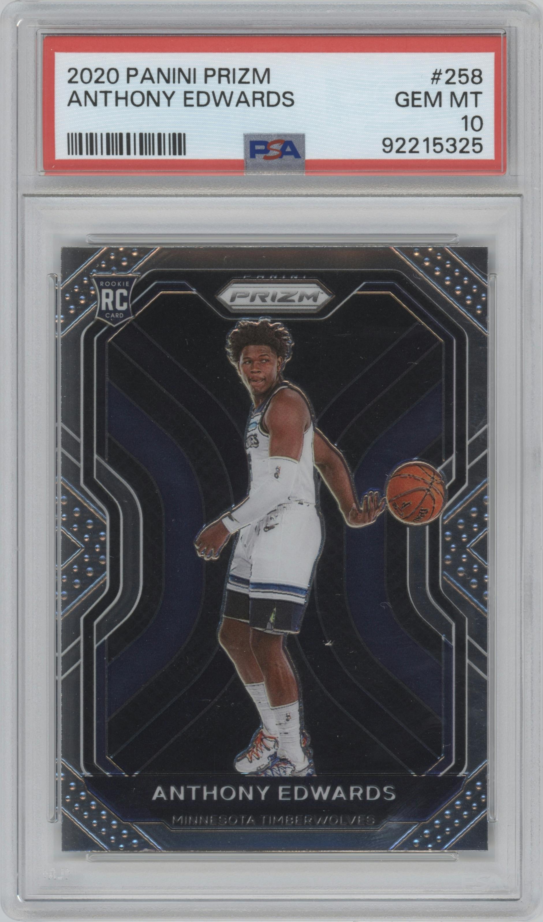 Anthony Edwards from the 2020-21 Panini Prizm set graded by PSA and given an overall grade of 10.