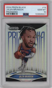 Jalen Brunson from the 2024-25 Panini Prizm Black set graded by PSA and given an overall grade of 10.