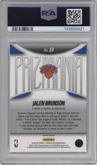 Jalen Brunson from the 2024-25 Panini Prizm Black set graded by PSA and given an overall grade of 10.