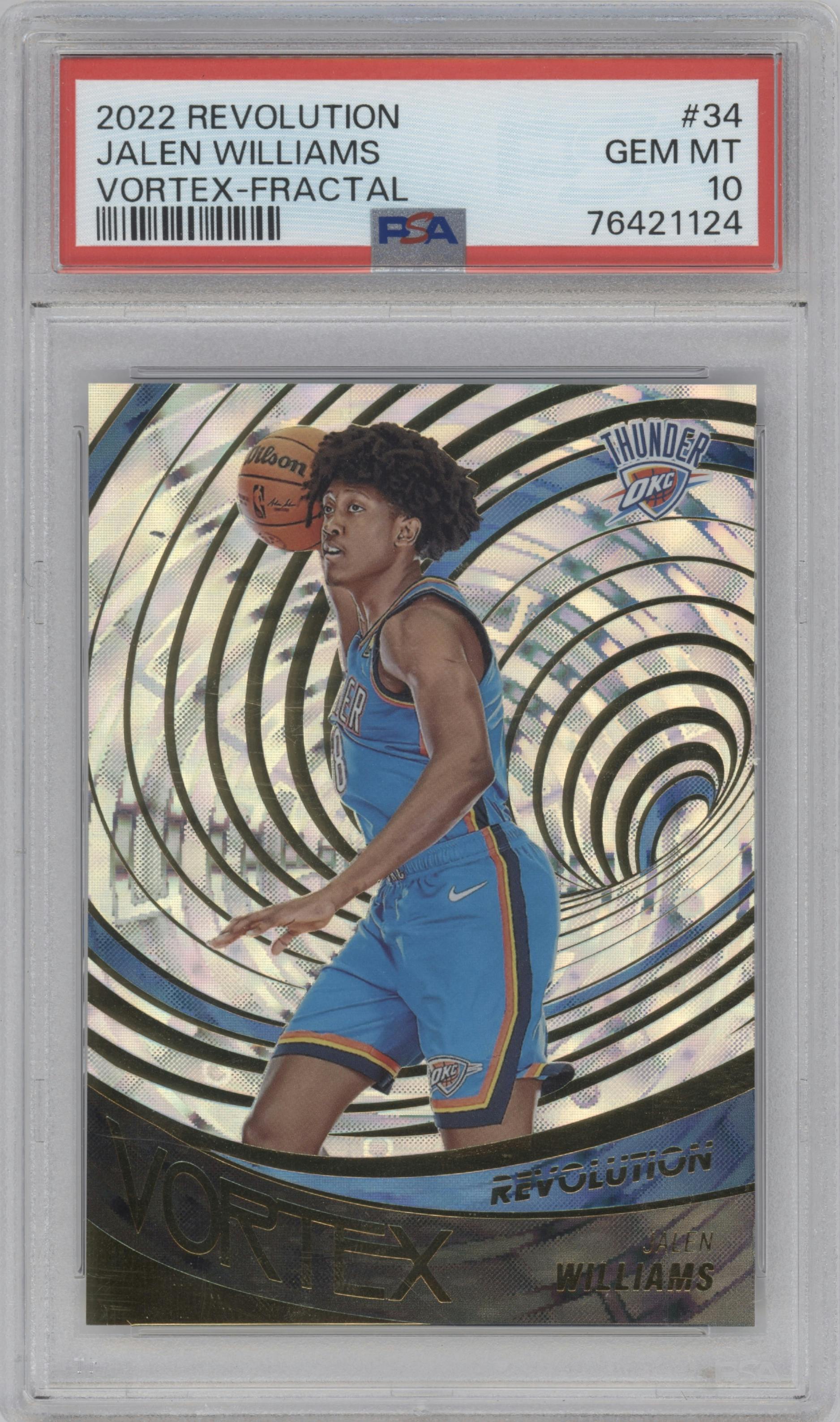 Jalen Williams from the 2022-23 Panini Revolution  set featuring a Fractal parallel graded by PSA and given an overall grade of 10.