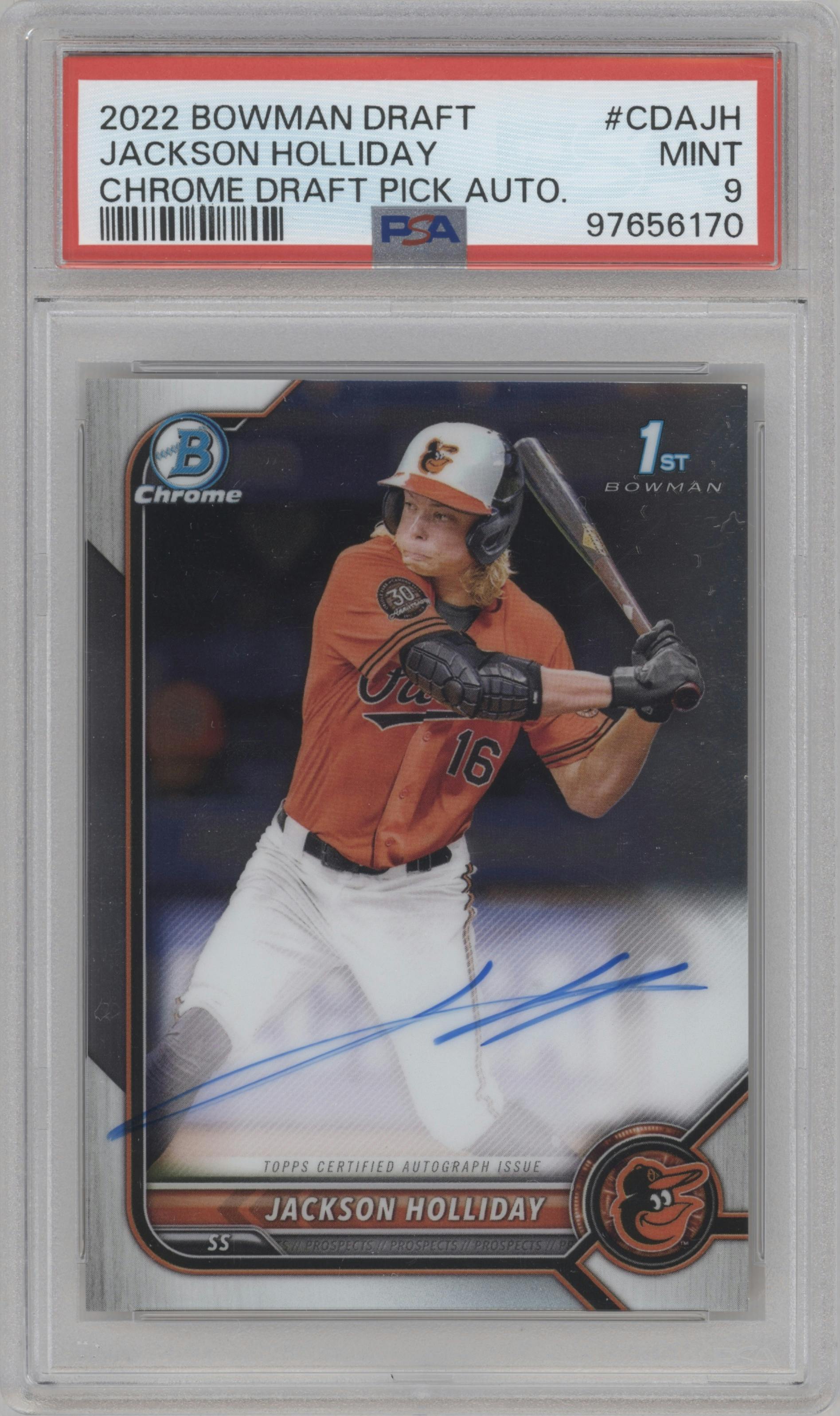 Jackson Holliday from the 2022 Bowman Draft set graded by PSA and given an overall grade of 9.