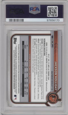 Jackson Holliday from the 2022 Bowman Draft set graded by PSA and given an overall grade of 9.