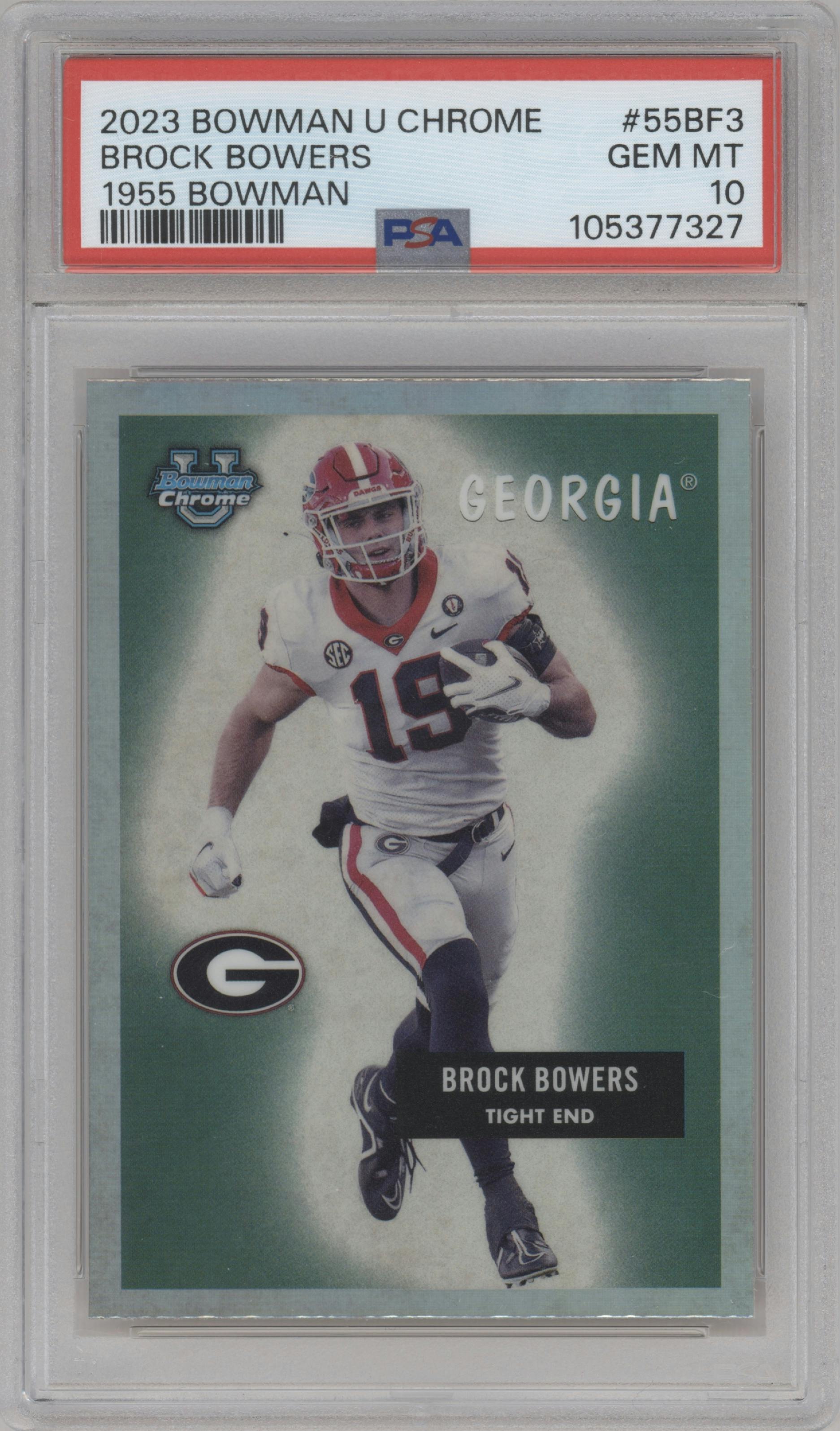 Brock Bowers from the 2023 Bowman Chrome University set graded by PSA and given an overall grade of 10.