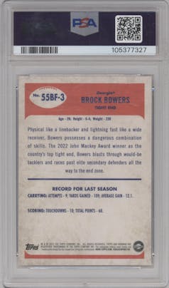Brock Bowers from the 2023 Bowman Chrome University set graded by PSA and given an overall grade of 10.