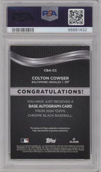 Colton Cowser from the  2024 Topps Chrome Black set featuring a Orange Refractor parallel graded by PSA and given an overall grade of 10.