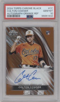 Colton Cowser from the  2024 Topps Chrome Black set featuring a Orange Refractor parallel graded by PSA and given an overall grade of 10.