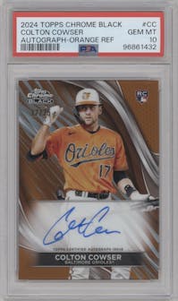 Colton Cowser from the  2024 Topps Chrome Black set featuring a Orange Refractor parallel graded by PSA and given an overall grade of 10.