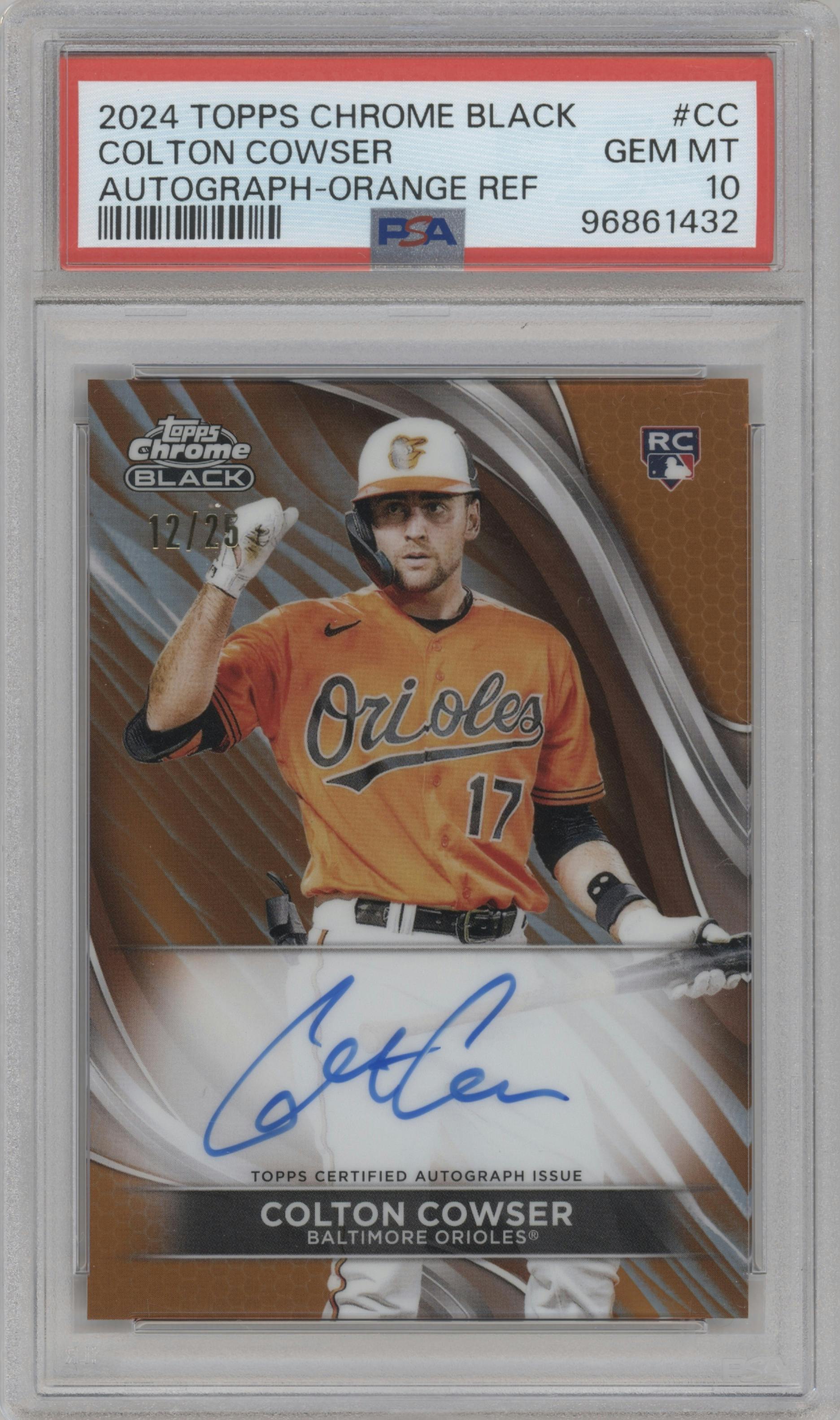 Colton Cowser from the  2024 Topps Chrome Black set featuring a Orange Refractor parallel graded by PSA and given an overall grade of 10.