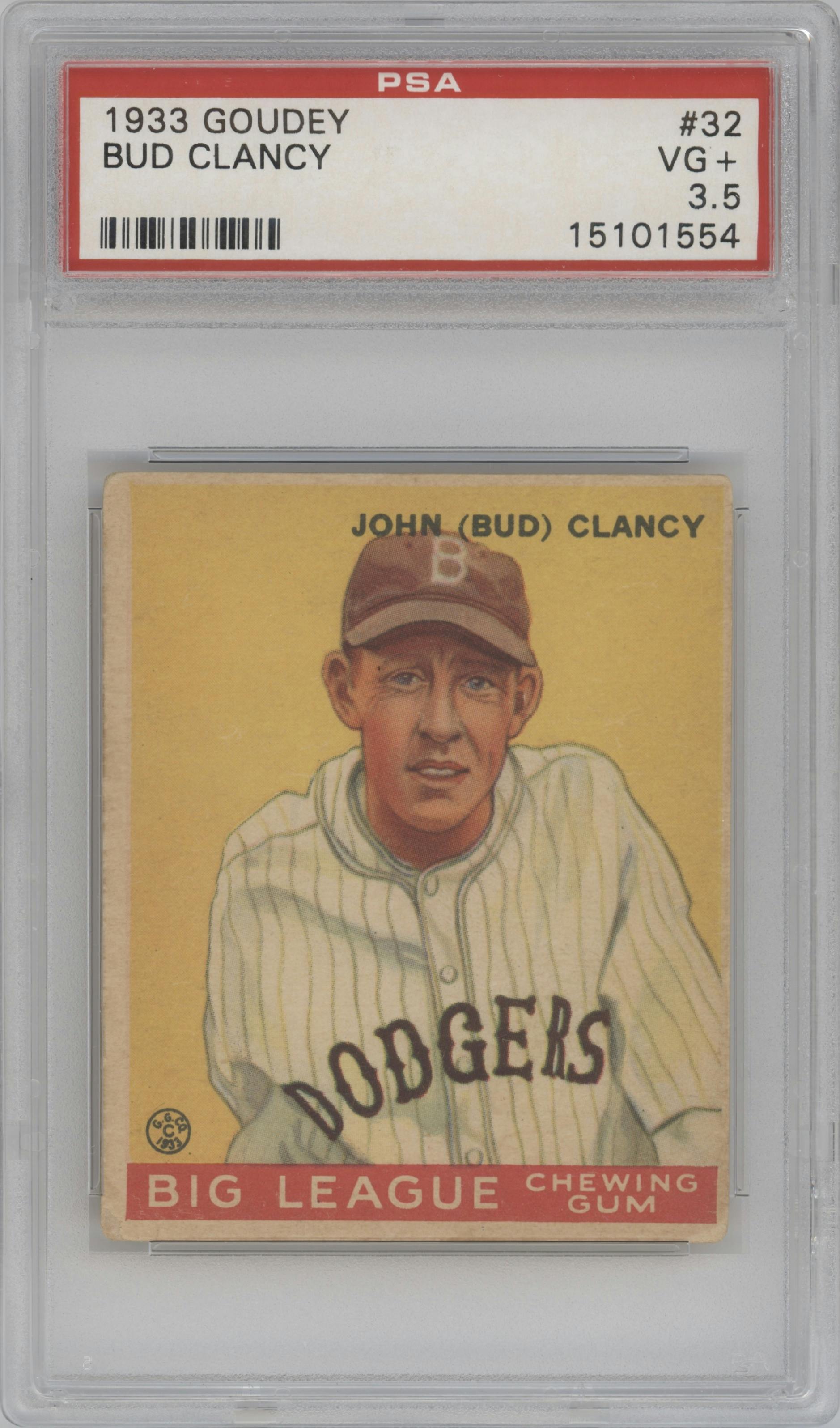 Bud Clancy from the 1933 Goudey set graded by PSA and given an overall grade of 3.5.