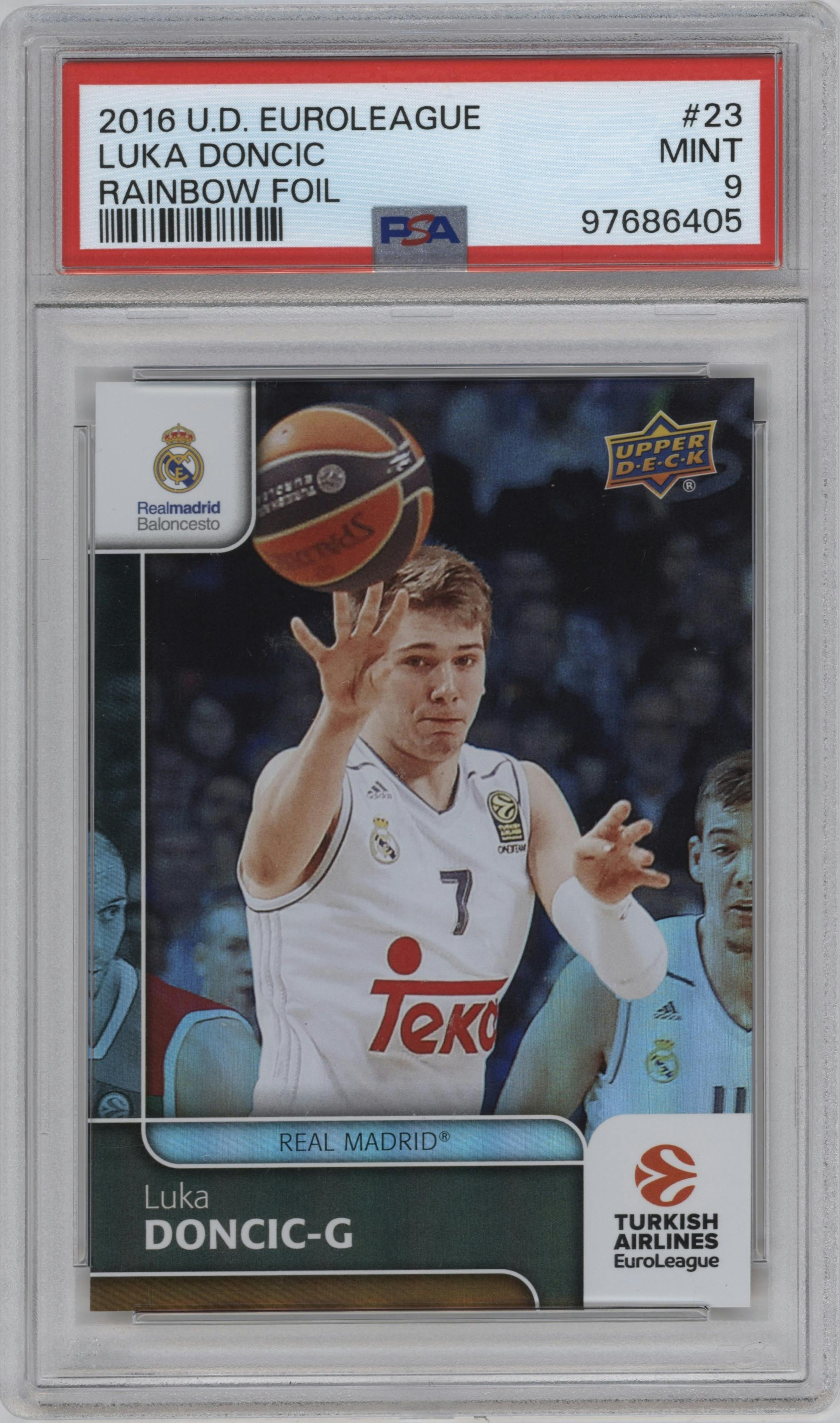 Luka Doncic from the 2016-17 Upper Deck Euroleague set featuring a Rainbow parallel graded by PSA and given an overall grade of 9.