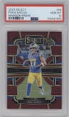 Puka Nacua from the 2023 Panini Select set featuring a Maroon Prizm parallel graded by PSA and given an overall grade of 10.