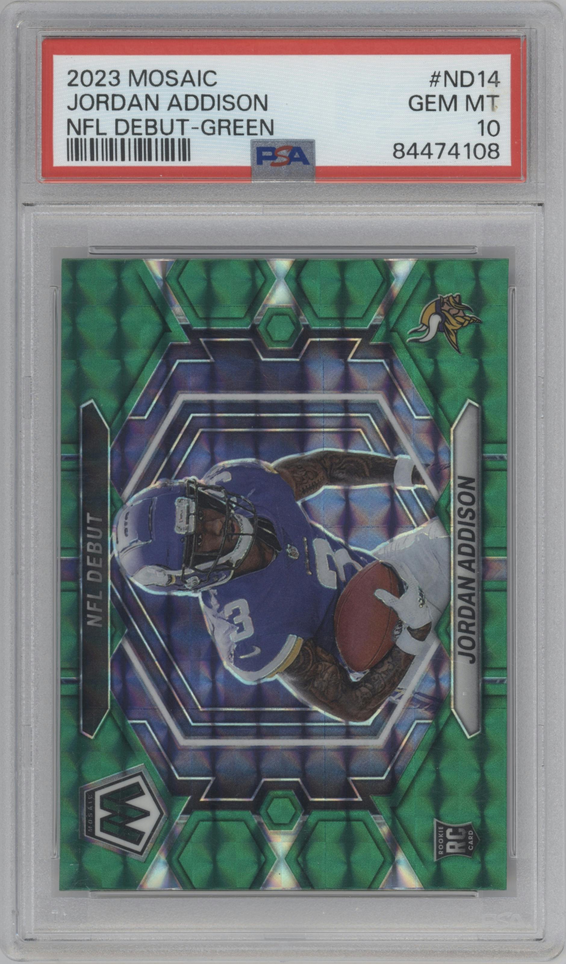 Jordan Addison from the 2023 Panini Mosaic set featuring a Green Mosaic parallel graded by PSA and given an overall grade of 10.