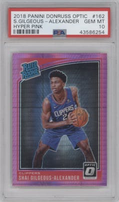 Shai Gilgeous-Alexander from the 2018-19 Panini Donruss Optic set featuring a Hyper Pink parallel graded by PSA and given an overall grade of 10.