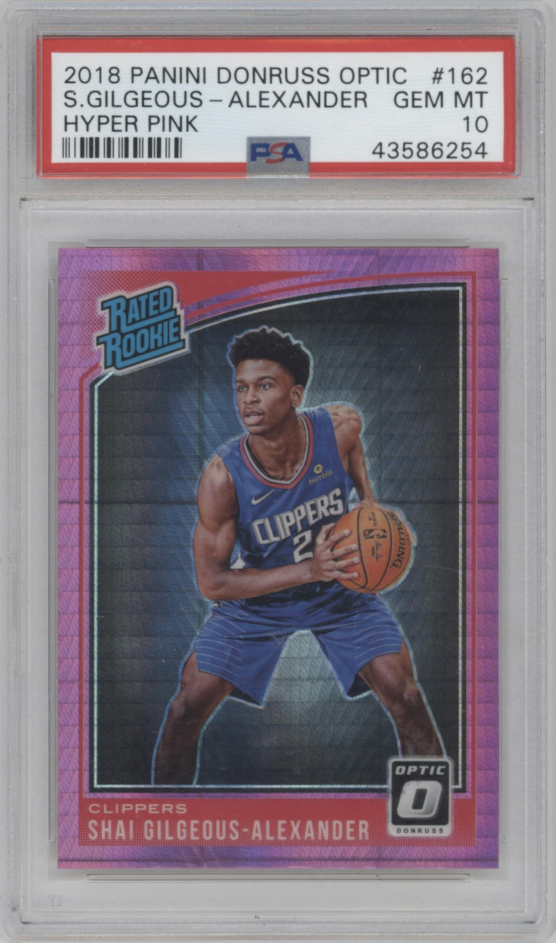 Shai Gilgeous-Alexander from the 2018-19 Panini Donruss Optic set featuring a Hyper Pink parallel graded by PSA and given an overall grade of 10.