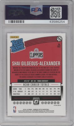Shai Gilgeous-Alexander from the 2018-19 Panini Donruss Optic set featuring a Hyper Pink parallel graded by PSA and given an overall grade of 10.