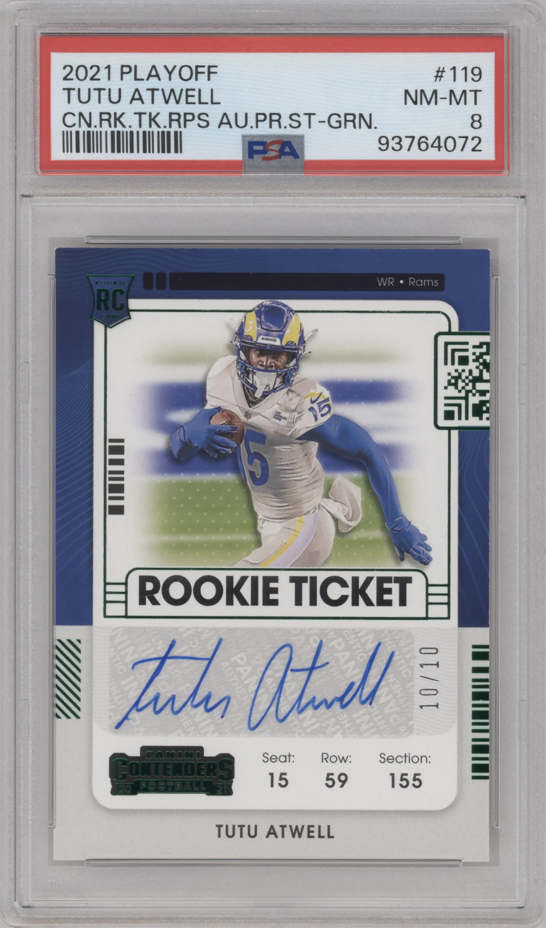 2021 Panini Playoff Rke.Tckt RPSPrev. Tutu Atwell Green #119 PSA 8
