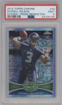 Russell Wilson from the 2012 Topps Chrome set featuring a Prism Refractor parallel graded by PSA and given an overall grade of 9.