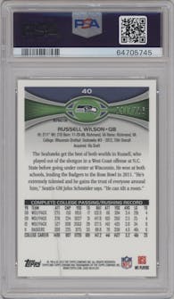 Russell Wilson from the 2012 Topps Chrome set featuring a Prism Refractor parallel graded by PSA and given an overall grade of 9.