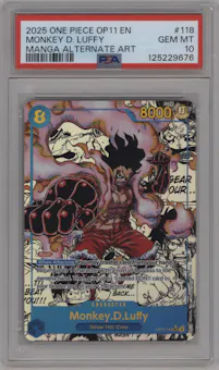 Monkey.D.Luffy from the 2025 One Piece set featuring a Manga Alt.Art parallel graded by PSA and given an overall grade of 10.