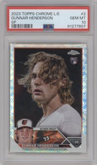 Gunnar Henderson from the 2023 Topps Chrome Logofractor Edition set graded by PSA and given an overall grade of 10.