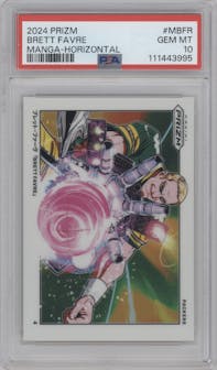 Brett Favre from the 2024 Panini Prizm set graded by PSA and given an overall grade of 10.