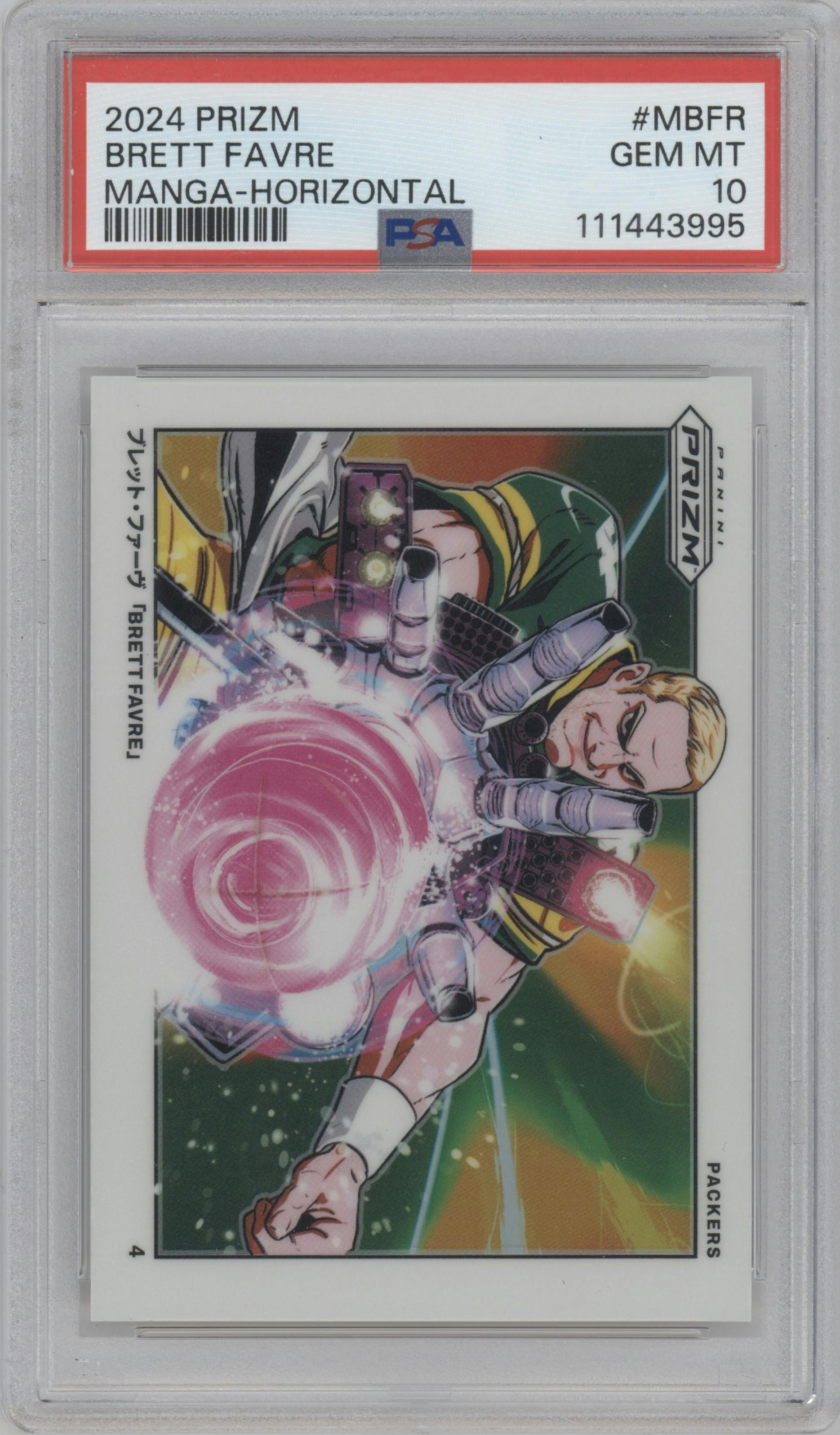 Brett Favre from the 2024 Panini Prizm set graded by PSA and given an overall grade of 10.