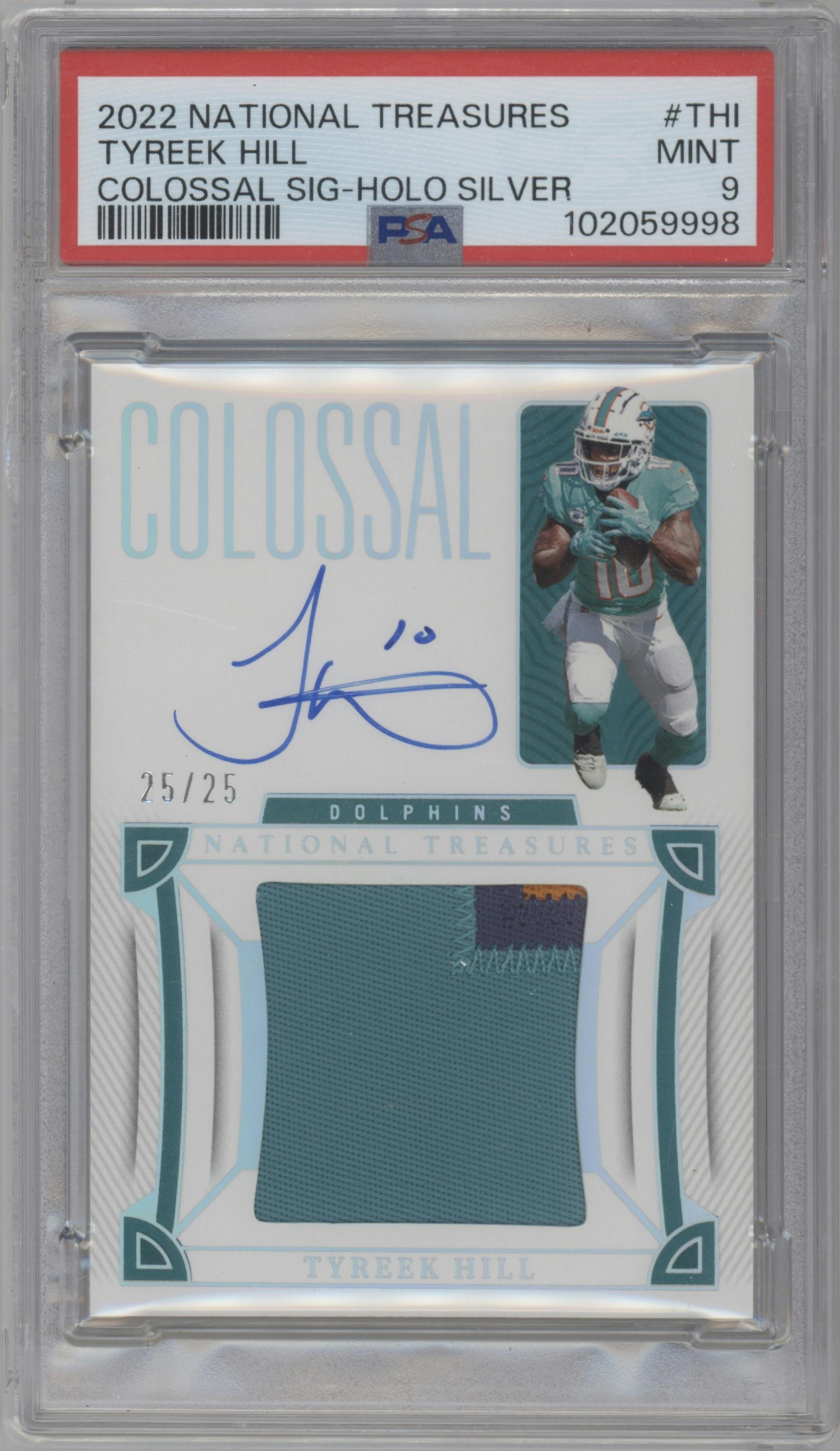 Tyreek Hill from the 2022 Panini National Treasures set featuring a Holo Silver parallel graded by PSA and given an overall grade of 9.