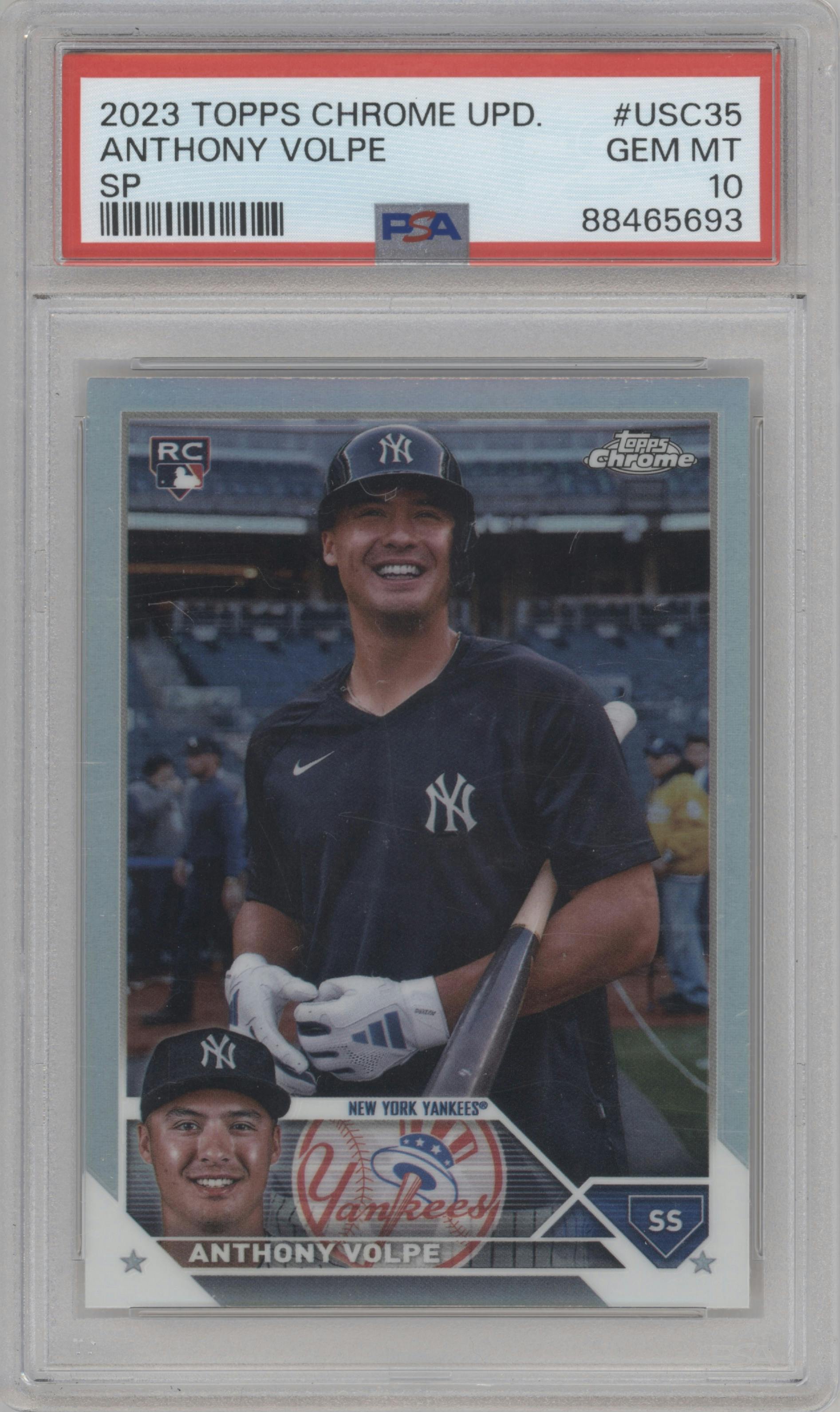 Anthony Volpe from the 2023 Topps Chrome Update set graded by PSA and given an overall grade of 10.