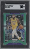 LeBron James from the 2019-20 Panini Prizm set featuring a Green Prizm parallel graded by SGC and given an overall grade of 10.