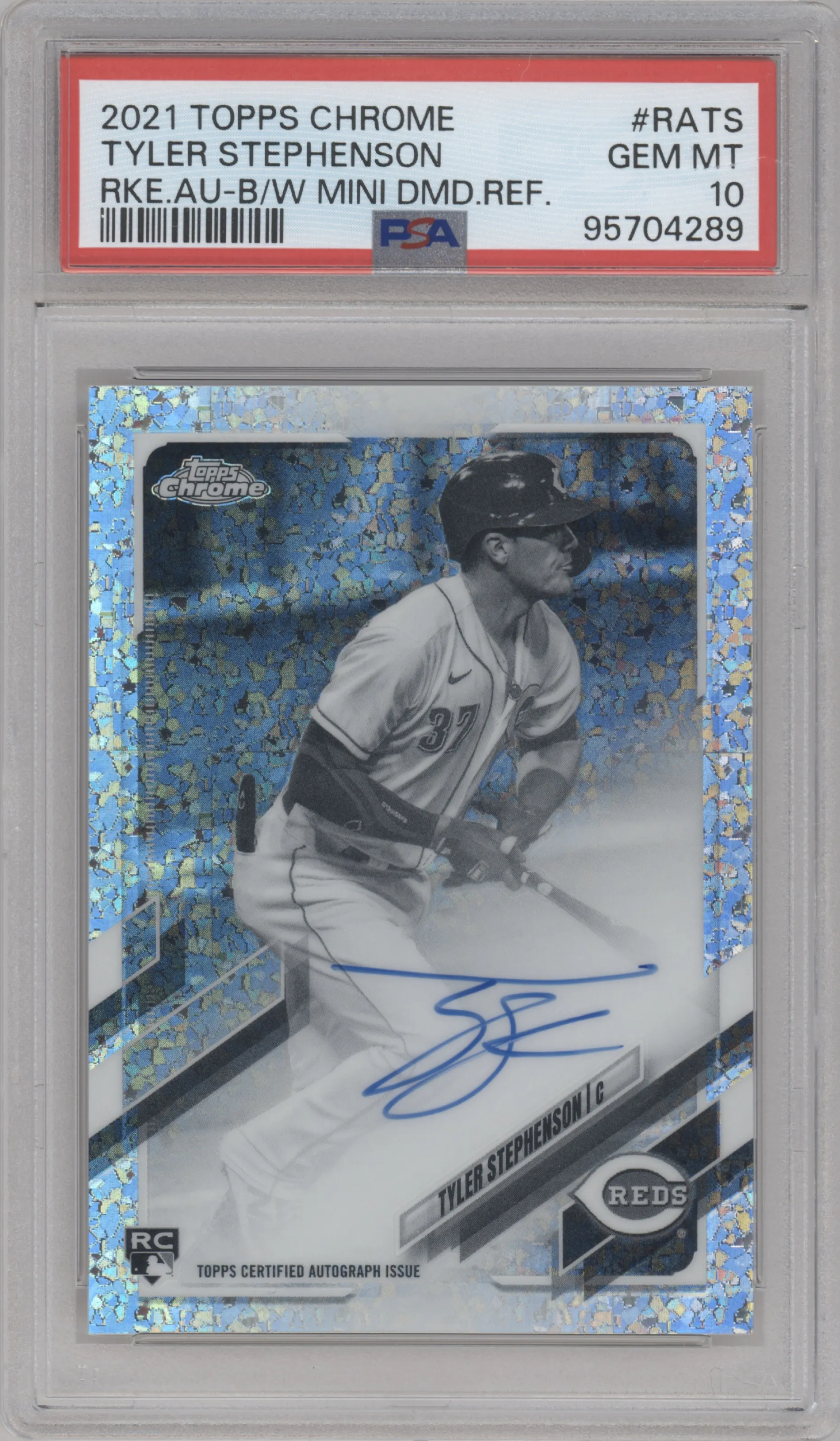 2021 Topps Chrome Rke.Auto Tyler Stephenson Black & White Mini-Diamond Refractor PSA 10