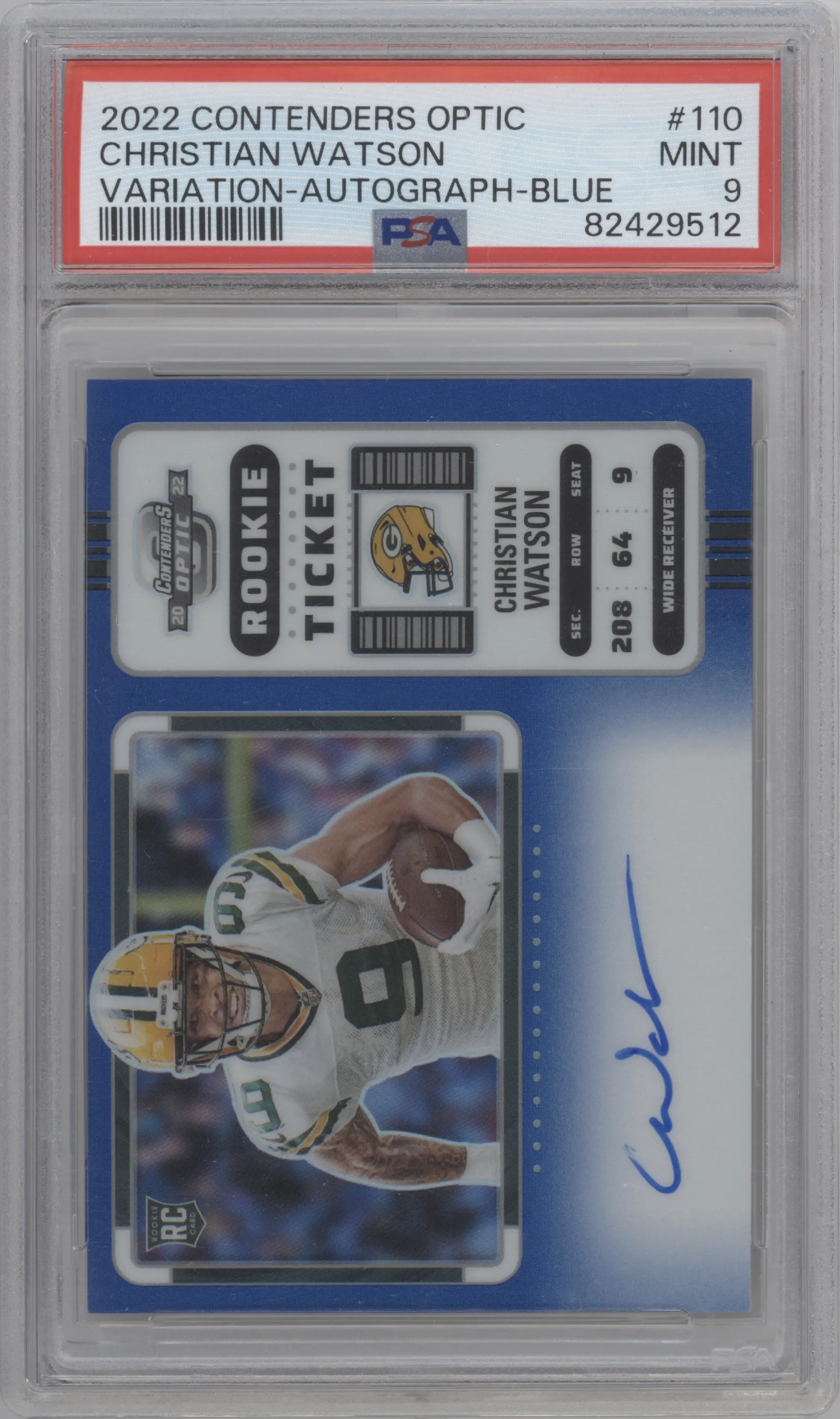 2022 Panini Contenders Optic Rke.Tkt.Auto Var. Christian Watson Blue #110 PSA 9