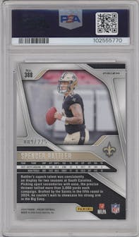 Spencer Rattler from the 2024 Panini Prizm set featuring a Purple Ice parallel graded by PSA and given an overall grade of 9.