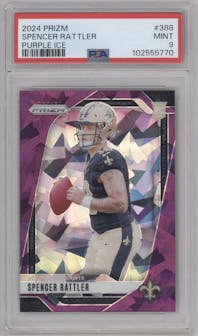 Spencer Rattler from the 2024 Panini Prizm set featuring a Purple Ice parallel graded by PSA and given an overall grade of 9.