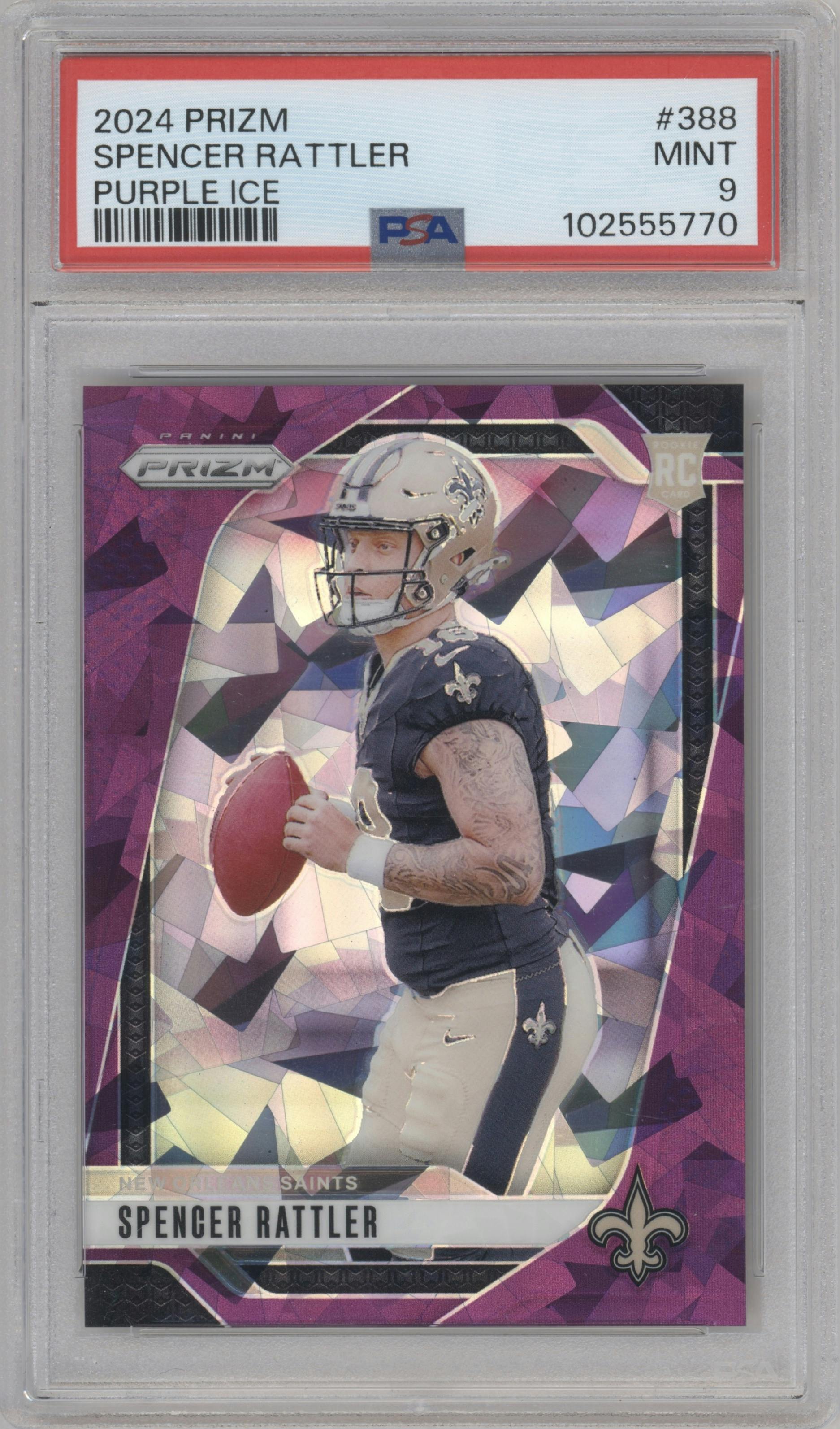 Spencer Rattler from the 2024 Panini Prizm set featuring a Purple Ice parallel graded by PSA and given an overall grade of 9.