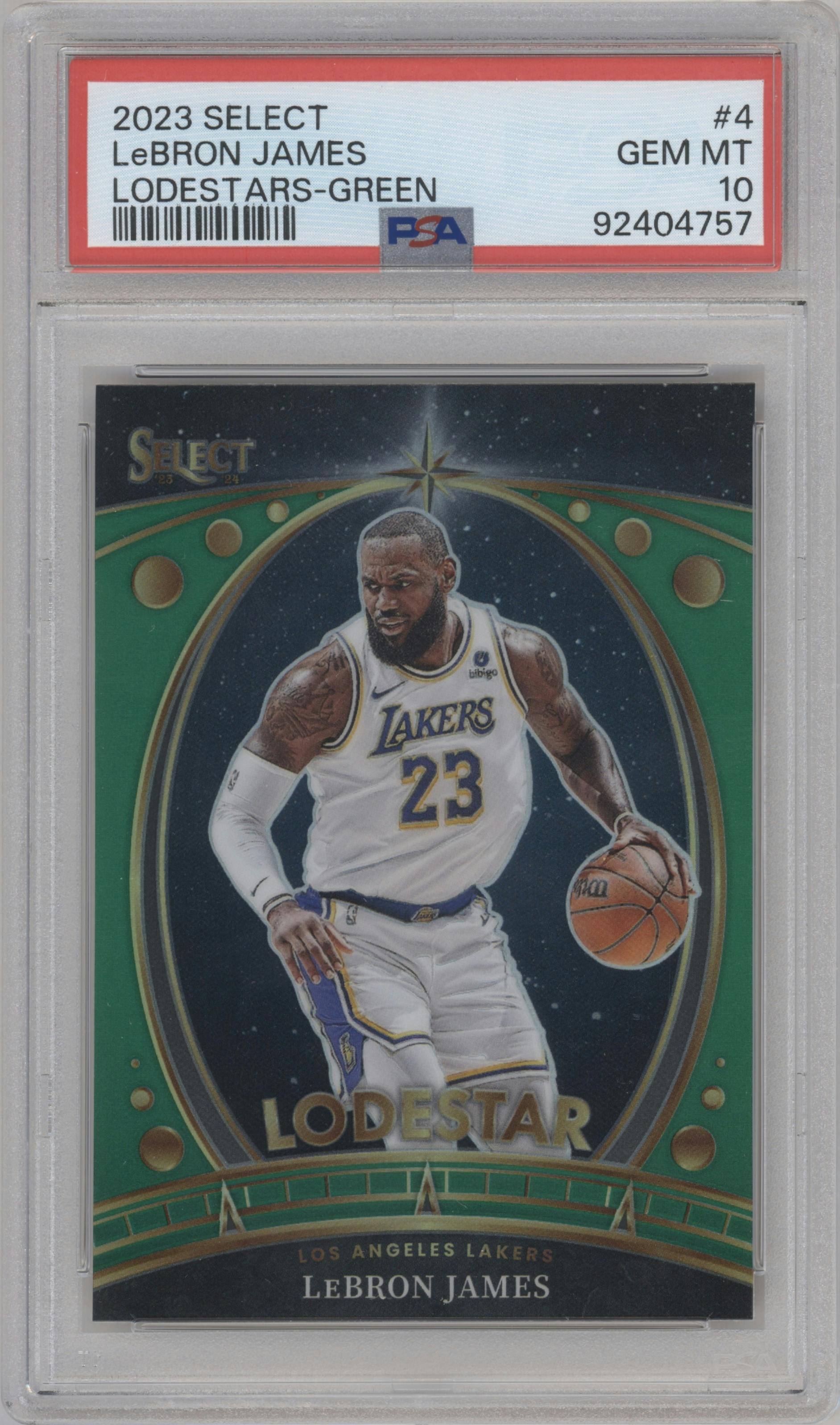 LeBron James from the 2023-24 Panini Select  set featuring a Green Prizm parallel graded by PSA and given an overall grade of 10.