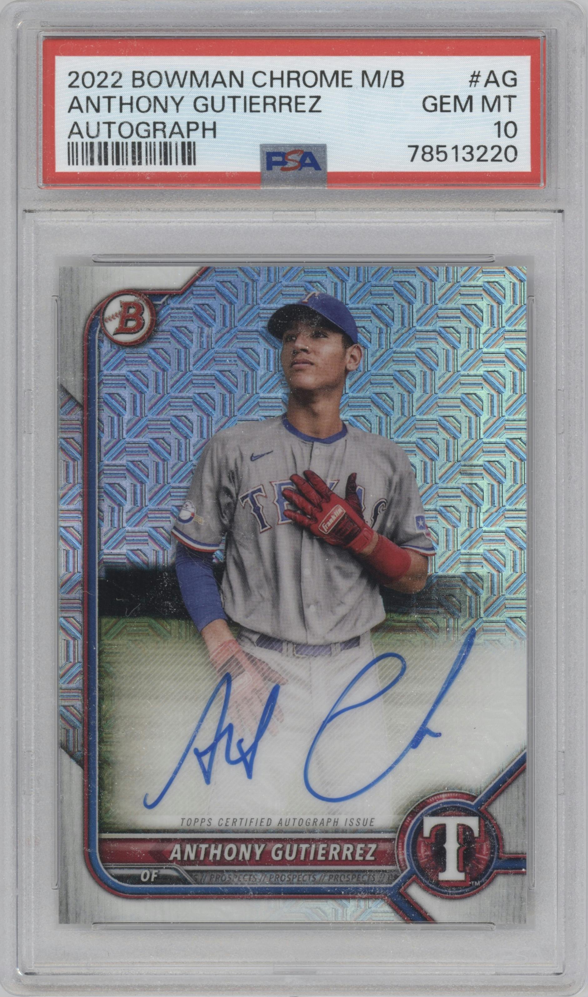 Anthony Gutierrez from the 2022 Bowman Chrome Mega Box set graded by PSA and given an overall grade of 10.