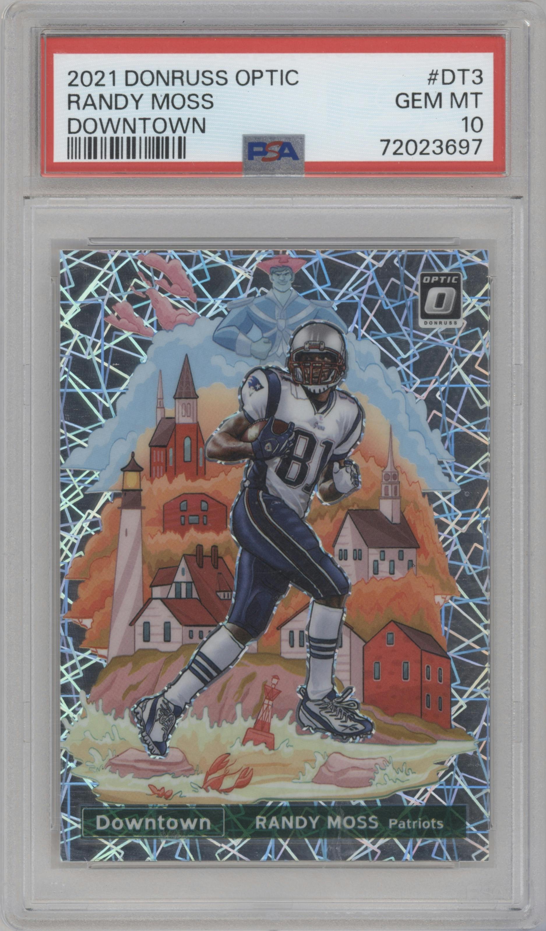 Randy Moss from the 2021 Panini Donruss Optic set graded by PSA and given an overall grade of 10.