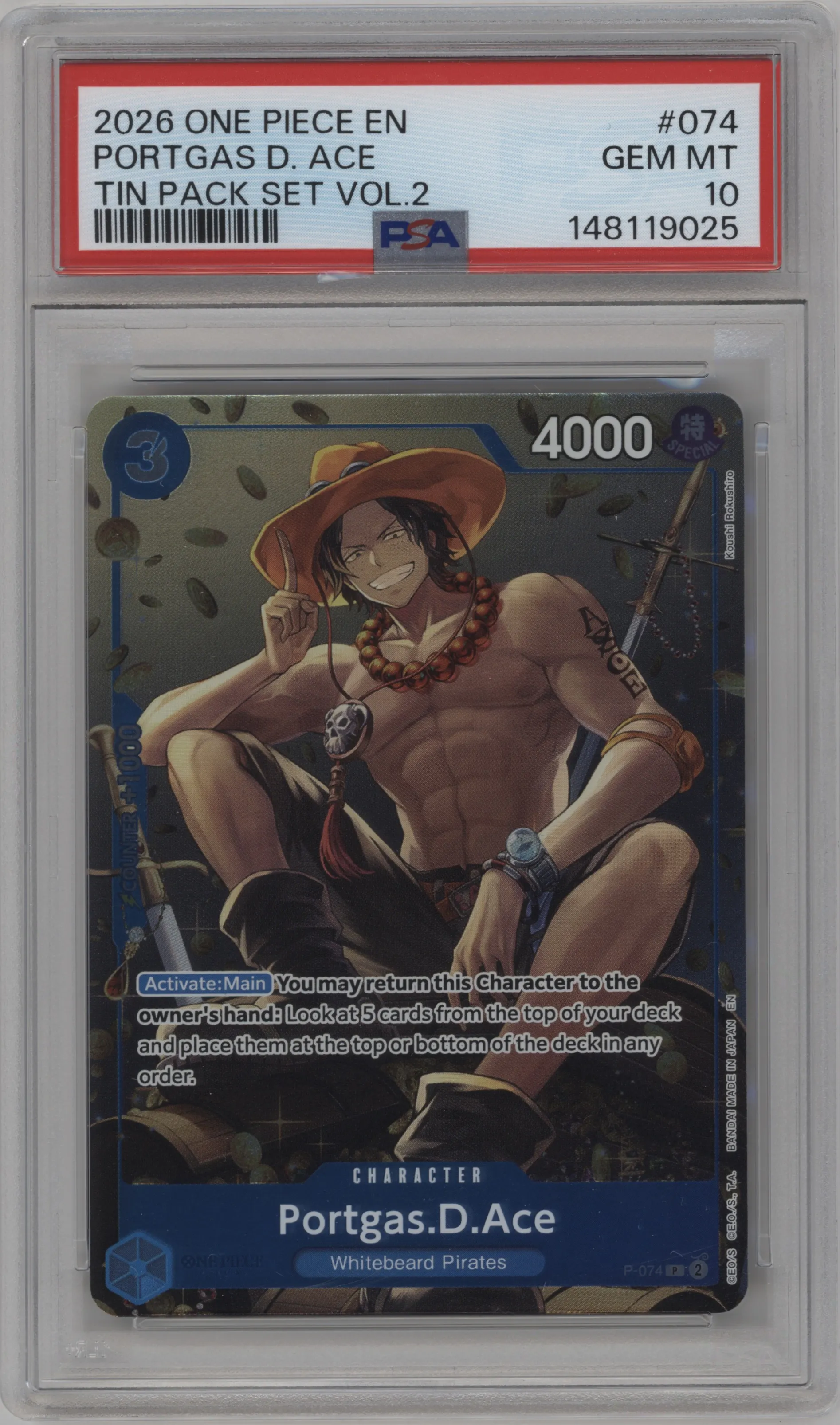 2026 One Piece Tin Pack Set Vol.2 Portgas.D.Ace P #P-074 P PSA 10