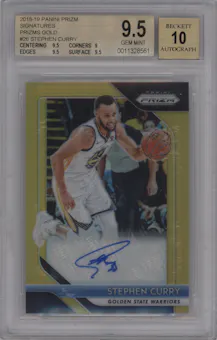 Stephen Curry from the 2018-19 Panini Prizm set featuring a Gold Prizm parallel graded by Beckett and given an overall grade of 9.5.