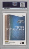 Victor Wembanyama from the 2023-24 Donruss Optic set featuring a Purple parallel graded by PSA and given an overall grade of 10.