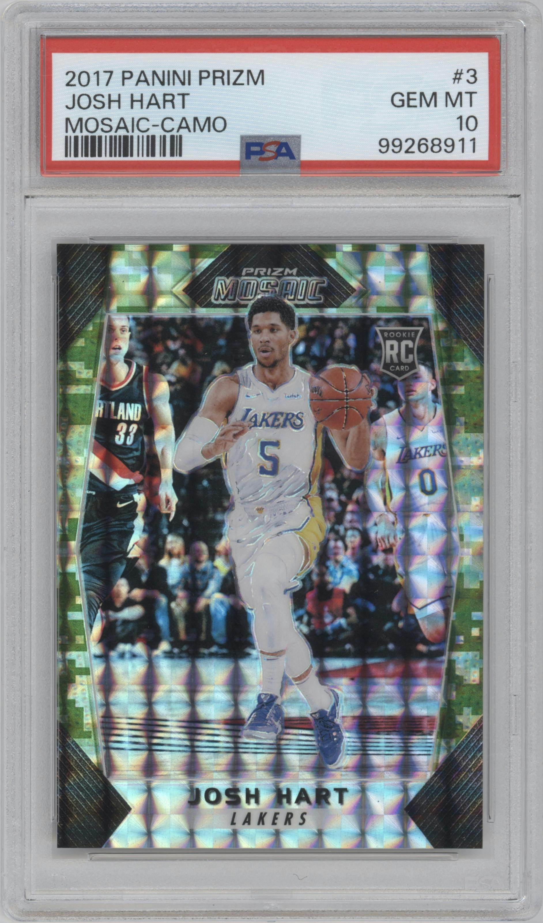 Josh Hart from the 2017-18 Panini Mosaic Prizm  set featuring a Camo parallel graded by PSA and given an overall grade of 10.