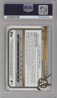 Max Muncy from the 2022 Bowman Mega Box set featuring a Orange Refractor  parallel graded by PSA and given an overall grade of 10.