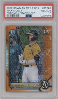 Max Muncy from the 2022 Bowman Mega Box set featuring a Orange Refractor  parallel graded by PSA and given an overall grade of 10.