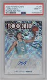 LaMelo Ball from the 2020-21 Panini NBA Hoops set featuring a Red parallel graded by PSA and given an overall grade of 10.