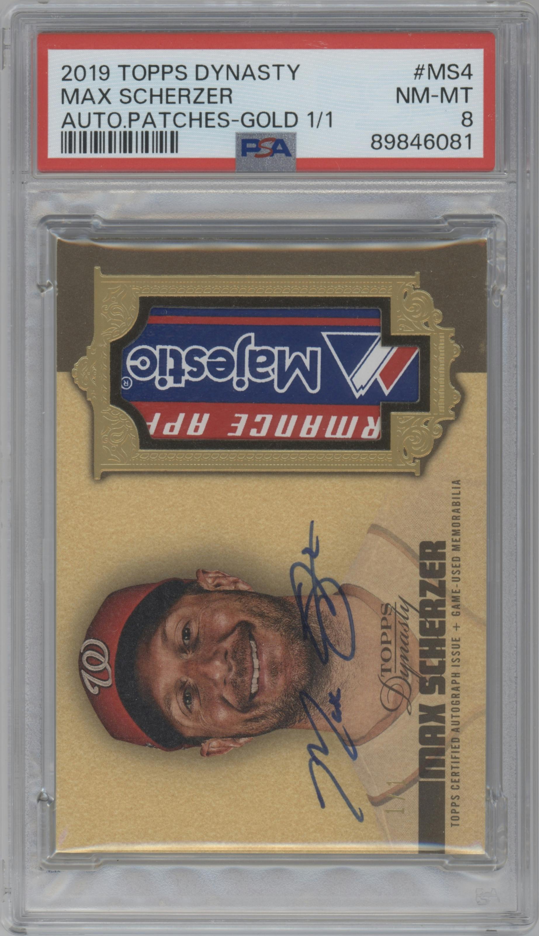 Max Scherzer from the 2019 Topps Dynasty set featuring a Gold parallel graded by PSA and given an overall grade of 8.