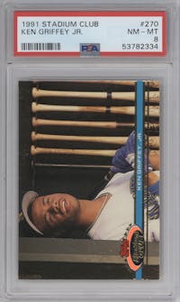 Ken Griffey Jr. from the 1991 Topps Stadium Club set graded by PSA and given an overall grade of 8.