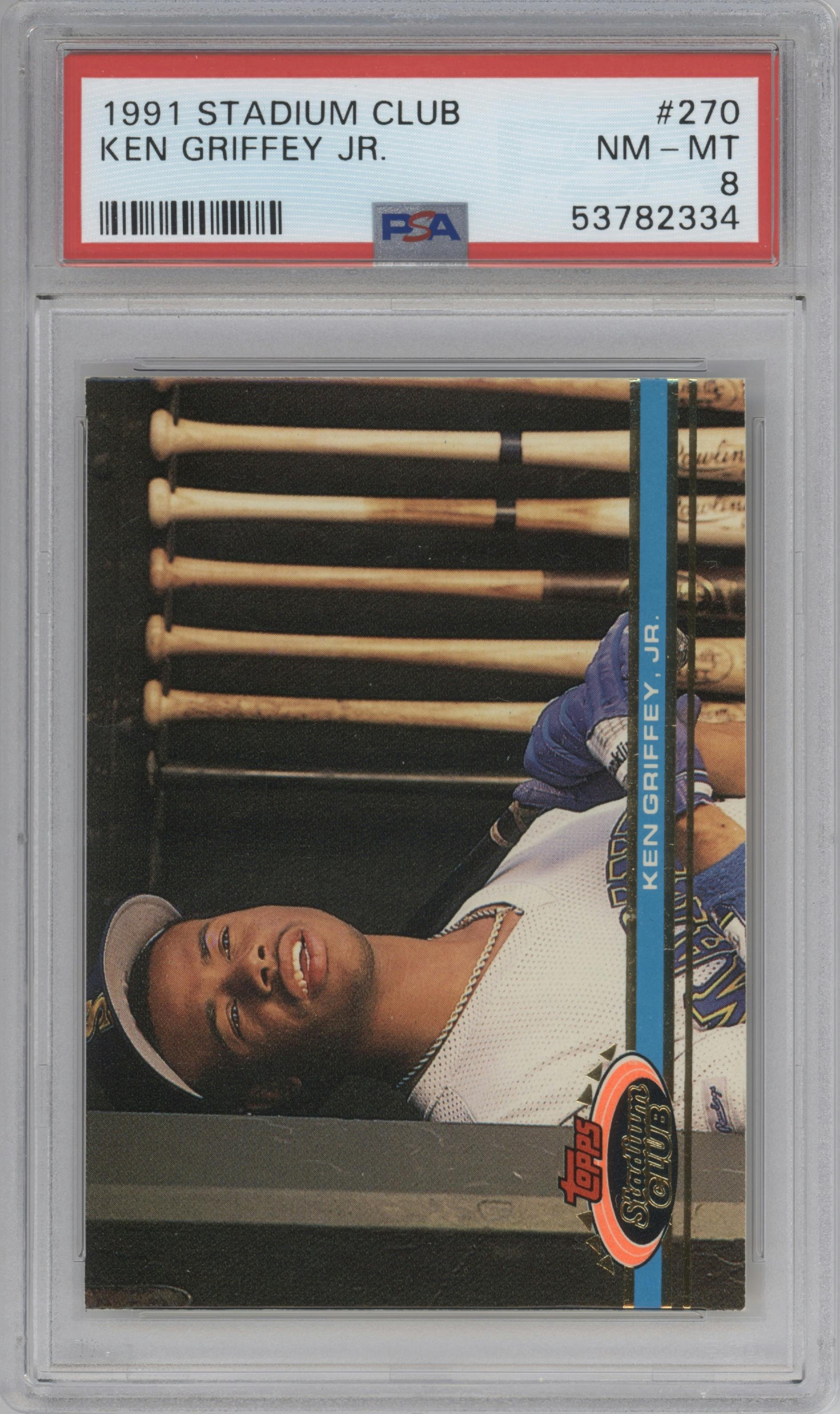 Ken Griffey Jr. from the 1991 Topps Stadium Club set graded by PSA and given an overall grade of 8.
